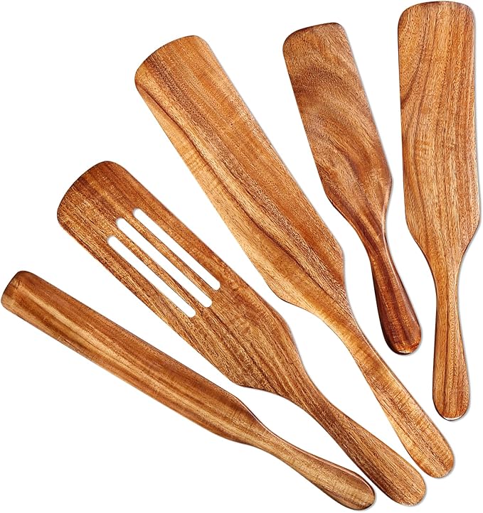 5 Pcs Wooden Spurtle Set, Natural Teak Kitchen Utensil Set Heat Resistant Non-Stick Wooden Spoons Tools for Cooking, Stirring, Mixing, Serving, Spurtles Kitchen Tools As Seen On TV