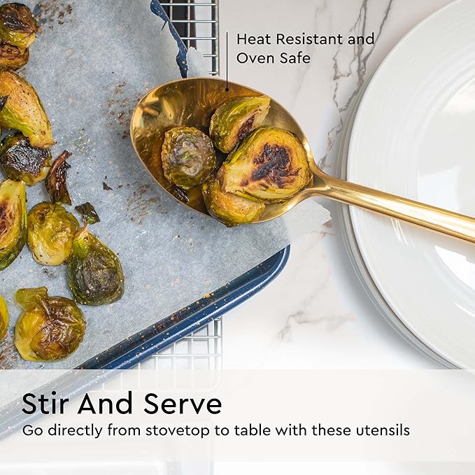 Gold Cooking Utensils Set – 5-Piece Stainless Steel Kitchen Tools for Modern Cooking and Serving – Dishwasher Safe Ladle, Spoon, Spatula, Pasta Fork, Luxury Brass Kitchen Accessories for Home Chefs