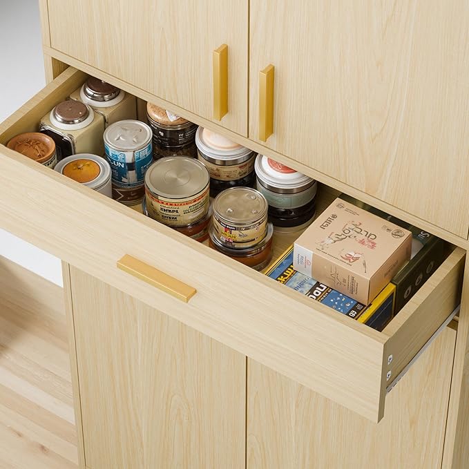 Cozy Castle Pantry Cabinet, 71" Tall Kitchen Storage Cabinet with Doors and Shelves, Freestanding Wood Cupboard Utility Hutch with Drawer for Dining Room Living Room Bathroom Furniture, Oak