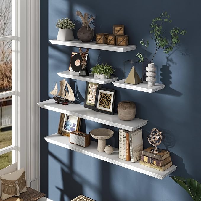 Floating Shelves for Wall, 36 Inch Long Wall Mounted White Hanging Shelf for Kitchen, Living Room, Office, Bedroom, Bathroom, Retro Vintage Wood Bookshelf for House Decor