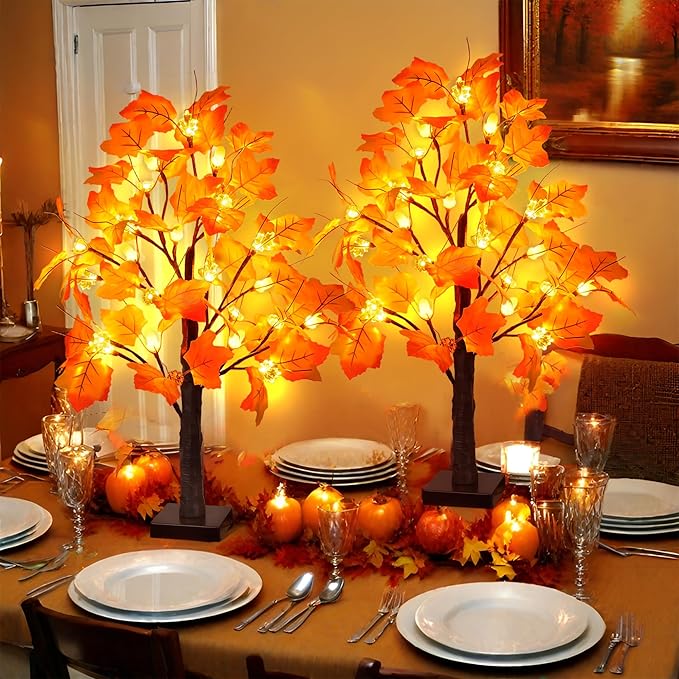 2 Pack 24 Inch Prelit Fall Maple Tree Fall Decor with 48 LED Timer Battery Operated Artificial Fall Light Up Tree Pumpkin Maple Acorn for Fall Thanksgiving Decorations Table Home Indoor Autumn Harvest