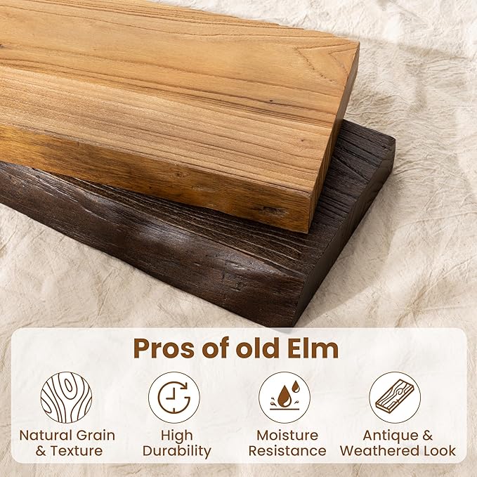 55" Floating Shelves, Live Edge Elm Wood Floating Shelf for Wall, Wall-Mounted Display Shelves with Invisible Heavy-Duty Bracket, Long Floating Shelf for Bathroom, Kitchen, Living Room, Walnut Color