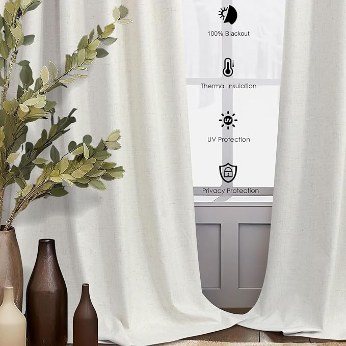 100% Blackout Linen Curtains 144 Inches Long 2 Panels Set for Bedroom Living Room Extra Wide Large Window Back Tab High Ceiling Drapes Patio Sliding Door Earthy Bohemian Cottage Core Decor 12 FT Cream