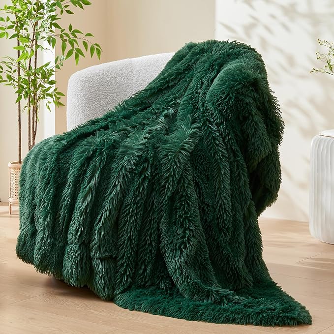 GONAAP Fuzzy Faux Fur Throw Blanket Dark Green Super Soft Cozy Plush Fuzzy Shaggy Blanket for Couch Sofa Bed (Dark Green, Throw(50"x60"))