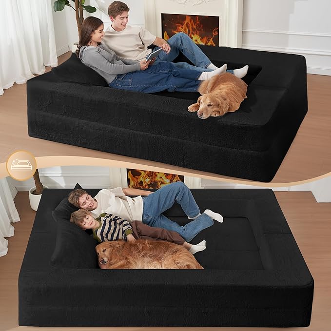 Folding Bean Bag Chair for Adults,3-in-1 Bean Bag Couch Faux Fur Floor Sofa Large Beanbag Convertible Bean Bag Sofa Bed with Pillow in Bedroom,Living Room,Apartment(Queen,Black)