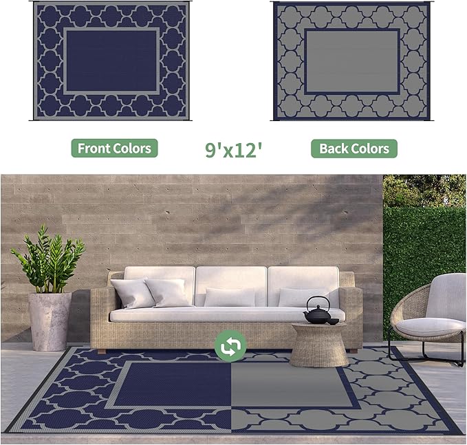 GENIMO Outdoor Rug 9' x 12' Patio Waterproof, Foldable Reversible Plastic Straw Area Rugs Mat for Camper Decor, Outside Carpet for Rv, Deck, Porch, Picnic, Beach, Balcony, Blue & Grey