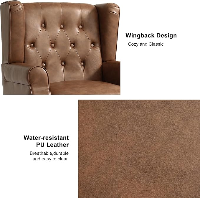 Accent Chair, Upholstered Armchair with Button Tufted High Back & Solid Wood Legs, Comfy Wingback Reading Single Sofa Chair for Small Spaces, Living Room, Bedroom (Leather Brown, Set of 2)
