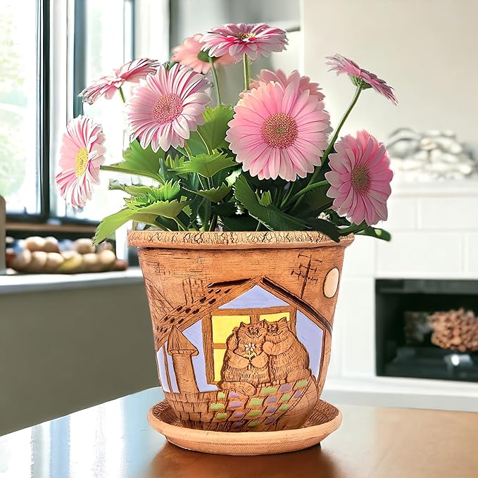 Ceramic Pot with Drainage Hole and Saucer, Plant Pots, Modern Decorative Planters for House Plants Indoor Flowers Plants, Cute Flower Pot - Gifts (Cats (3 L))