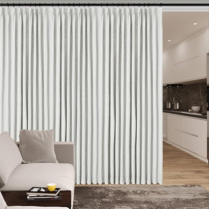 120" Wx102 L Linen Room Divider Drapes for Doorway/Glass Window/Sliding Door/Patio, Extra Wide Pinch Pleated Full Blackout Curtains for Girls Boys Teen Kids Room, 1 Panel, Greyish White
