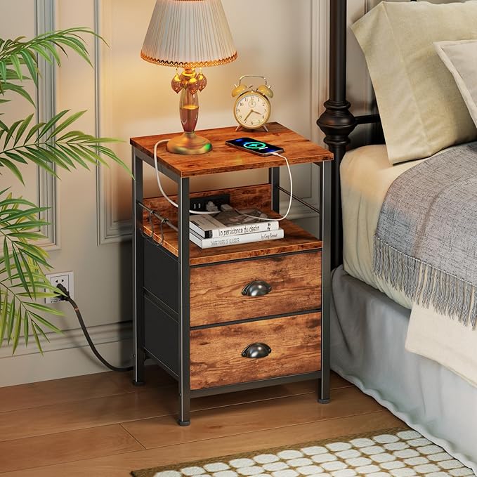 Furologee End Table with Charging Station, Nightstand with Fabric Drawers, Side Table with USB Ports & Outlets, Night Stand with Storage Shelf & Hooks, for Living Room/Bedroom, Rustic Brown