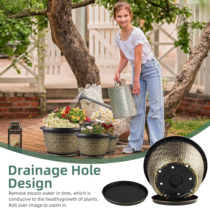 4 Pack 12 Inch Plant Pots,Large-Plant-Flower-Planters-Plastic, Flower Pots Outdoor Indoor with Drainage Holes & Trays, Retro Antique Imitation Decorative Garden Sets for Houseplants