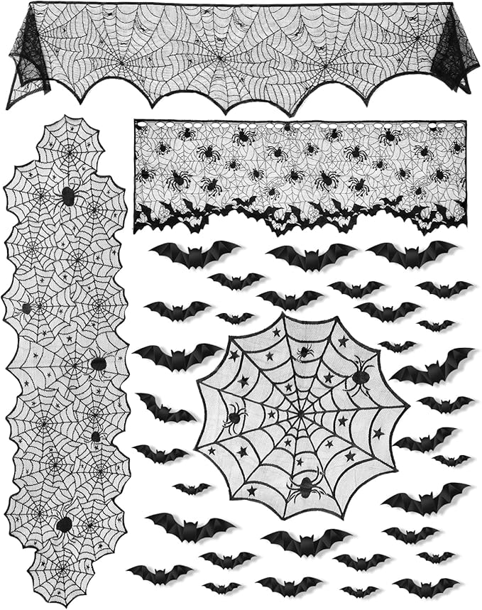 eZAKKA 5 Pack Halloween Decorations Indoor Halloween Spider Web Tablecloth Table Runners Fireplace Mantel Scarf Cobweb Lampshade Scary 3D Bats for Parties Gothic Spooky Home Decoration