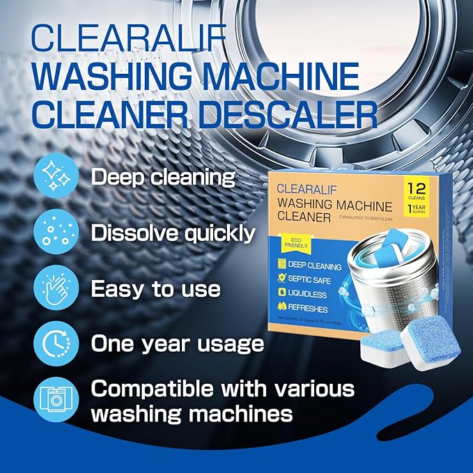 CLEARALIF Washing Machine Cleaner 12 Pack,1 Year Supply, Clean Inside Drum and Laundry Tub Seal, Washing Machine Cleaner Tablets For HE Front Loader & Top Load Washer