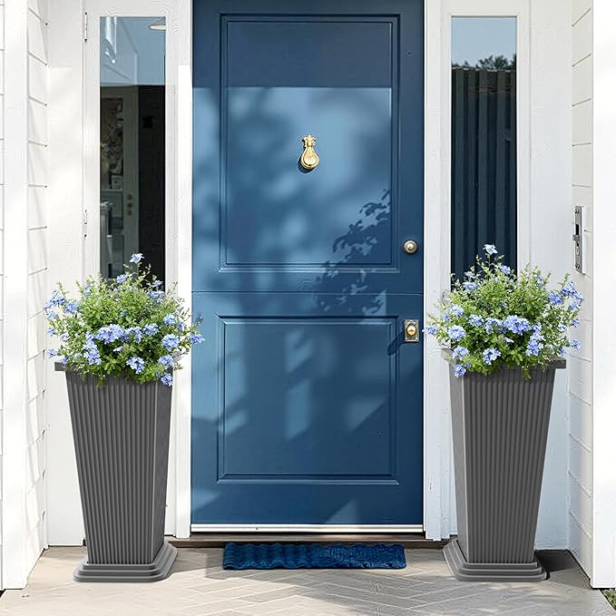 FENCY Set of 2 Tall Planters for Outdoor Plants, 24 Inch Large Tapered Pots with Drainage Trays, Weather-Resistant Plastic Plant Containers for Patio, Porch, Garden, Front Door Decor,Gray,Striped