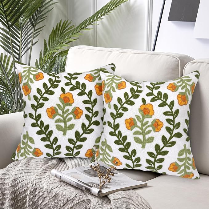 Alysheer Floral Embroidered Summer Decorative Throw Pillow Covers 18"x 18" Set of 2, Farmhouse Cottage Orange Flowers Green Leaves Knit Patterned Cotton Canvas Cushion Case for Couch Bed Living Room