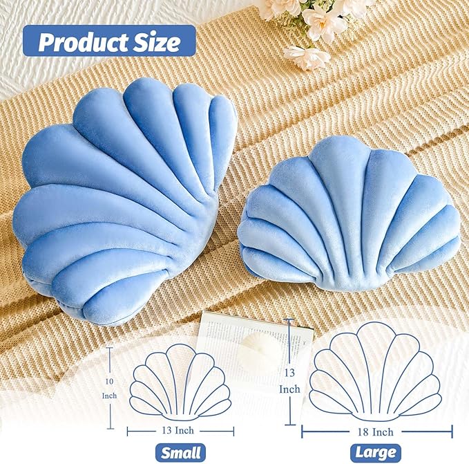 Dusty Blue Seashell Throw Pillows, Shell Shaped Throw Pillows, 18 Inch Soft Velvet Home Decorative Pillow Plush Cushion for Bed Couch Living Sofa Room Decor Accent Throw Pillow