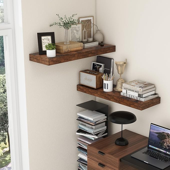 Deep Floating Shelves, 12 Inch Deep Rustic Floating Shelves for Wall Set of 2, 36W x 12D Large Wood Shelves for Living Room Bathroom Laundry Room Bedroom Kitchen Home Office - Rustic Brown