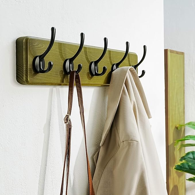 Dseap Coat Rack Wall: Patented, Heavy-Duty, 5-Double-Hooks Wooden Wall Mounted Coat Rack Coat Hanger Hook Rail for Winter Coats Hat Jacket Clothing, Weathered Green