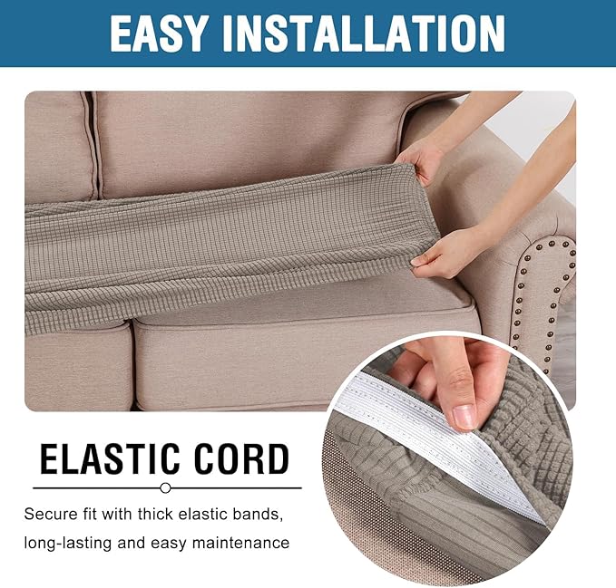 H.VERSAILTEX Super Stretch Individual Seat Cushion Covers - Sofa & Couch Cushion Slipcover Sets - Thick Jacquard Textured Twill Fabric (3 Piece XL Sofa Cushion Covers, Taupe)