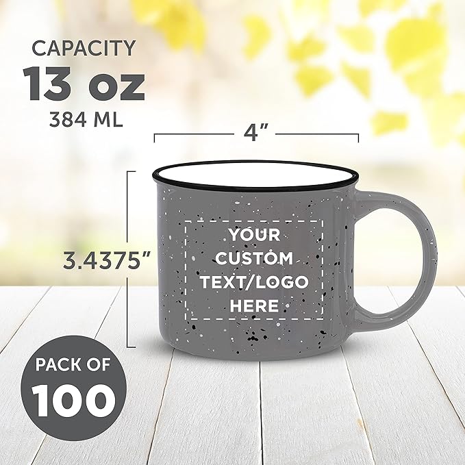 DISCOUNT PROMOS Custom Ceramic Campfire Coffee Mugs 13 oz. Set of 100, Personalized Bulk Pack - Perfect for Tea, Espresso, Cappuccino, Hot Cocoa - Grey