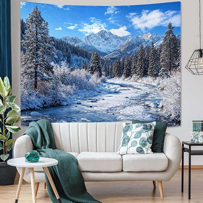 AMM Winter Forest Snow Mountain Tapestry Snowy Pine Tree Woodland Tapestry for Bedroom Aesthetic White Clouds Flowing River Landscape Tapestries Wall Hanging for Living Room Dorm Office 48 x 36 Inch