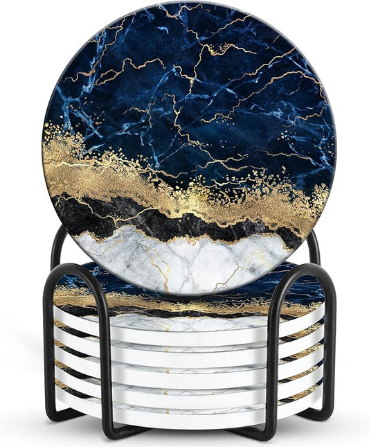 Emerson Coasters for Drinks Absorbent Set of 6 with Holder – Marble Style Coasters – Coasters for Drinks – Drink Coasters for Coffee Table – 100% Ceramic Stone Non Slip – Heavy Duty (Ripple)