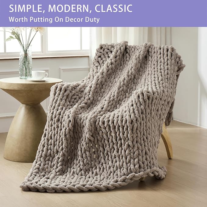 Bigacogo Chunky Knit Throw Blanket for Couch, 80x90 inches, 100% Hand Knitted with Thick Jumbo Chenille Yarn, Cozy Soft Large Rope Knot Cable Crochet Blankets for Sofa Bed Living Room, Taupe