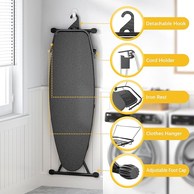 Full Size Ironing Board, 18x51 Iron Board with Metal Panel Stretchable Iron Rest, Adjustable Height Heavy Duty Heat & Scorch Resistant Cover Ironing Board, for Home, Laundry, Black