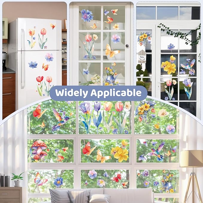 DC-BEAUTIFUL 116 PCS Spring Window Clings, 9 Sheets Double-Sided Hummingbird Butterfly Flower Easter Window Stickers, Reusable Static Floral Window Decals for Home School Office Party Decors