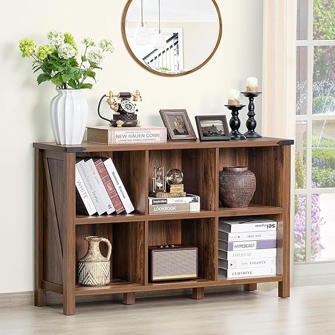Farmhouse 6 Cube Book Shelf, Wood 3 Tier Storage Organizer Bookshelf, Brown Walnut 47" Horizontal Cubby Bookcase with Legs, Rustic Entryway Book Case, Long Display Cabinet for Bedroom, Office