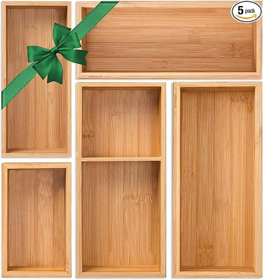 Bamboo Drawer Organizer 5 Pcs for Kitchen Multi-purpose Storage Dividers for Kitchen, Office, Jewelry, Cosmetics, Wooden Drawer Dividers for Drawer Organizer Desk Organizer Gift for Women Gifts Idea