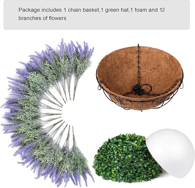 Artificial Hanging Flowers with Basket Fake Summer Lavender for Outdoor Decor, 12 Bundles Faux Purple Outside Decoration Realistic UV Resistant Plants for Porch Balcony Patio Garden Yard