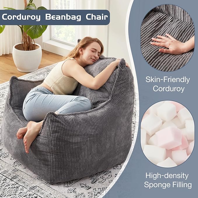 Giant Bean Bag Chair Sofa for Adults Teens, Comfy Corduroy Large Bean Bag Chairs with Armrests for Bedroom Living Room, Adult BeanBag Lazy Sofa Couch Chairs with Filler Included