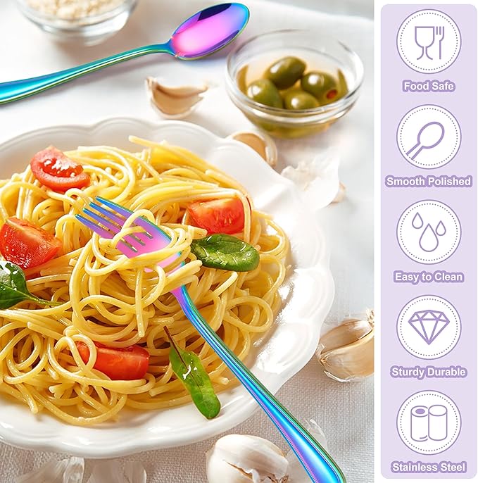 E-far 10-Piece Rainbow Toddler Utensils, Kid Stainless Steel Silverware Set, Children Safe Forks and Spoons Set for Self Feeding, Healthy & Non-Toxic, Mirror Polished & Easy to Clean