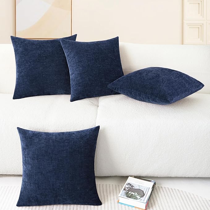 CaliTime Throw Pillow Covers Decorative 18 X 18 Inches Pack of 4 Cozy Chenille Cushion Cases for Couch Sofa Bed Living Room Home Navy Blue