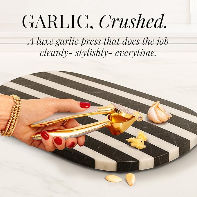 Gold and Beige Kitchen Utensils Set – 8 PC Cooking Gadgets with Mini Gold Whisk and Tongs, Pizza Cutter, Garlic Press, Cheese Grater, Peeler, Can Opener, Scoops – Stylish Beige Kitchen Accessories