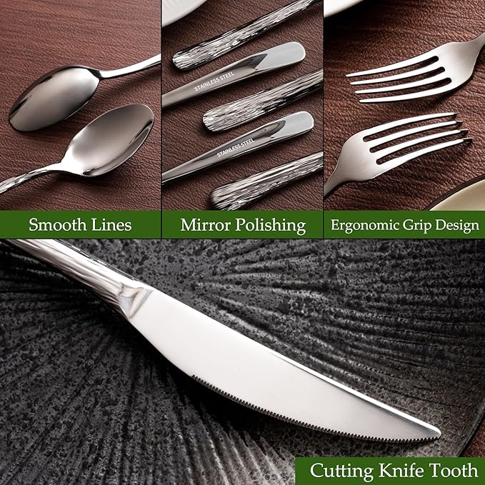 Aisoso 20-Piece High-End Silverware Set with Stone Patterned Handle Mirror Finished Stainless Steel Serving Utensils for 4, Durability and Dishwasher Safe for Home, Restaurant, Weddings