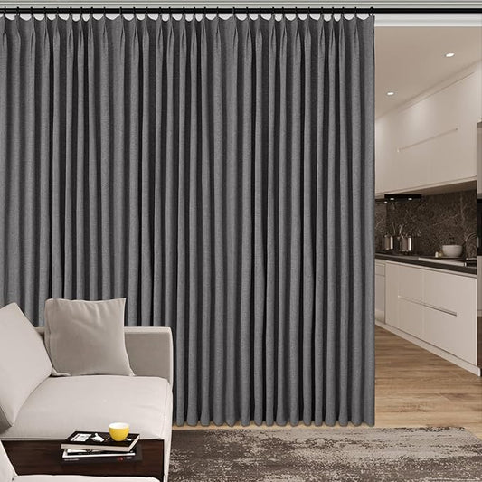 Extra Wide 100% Blackout Linen Textured Curtains - Room Dividers, W200 x L96 (1 Panel), Pinch Pleat Drapes for Living Room, Full Light Block Out Drapery for Sliding Door, Natural Grey