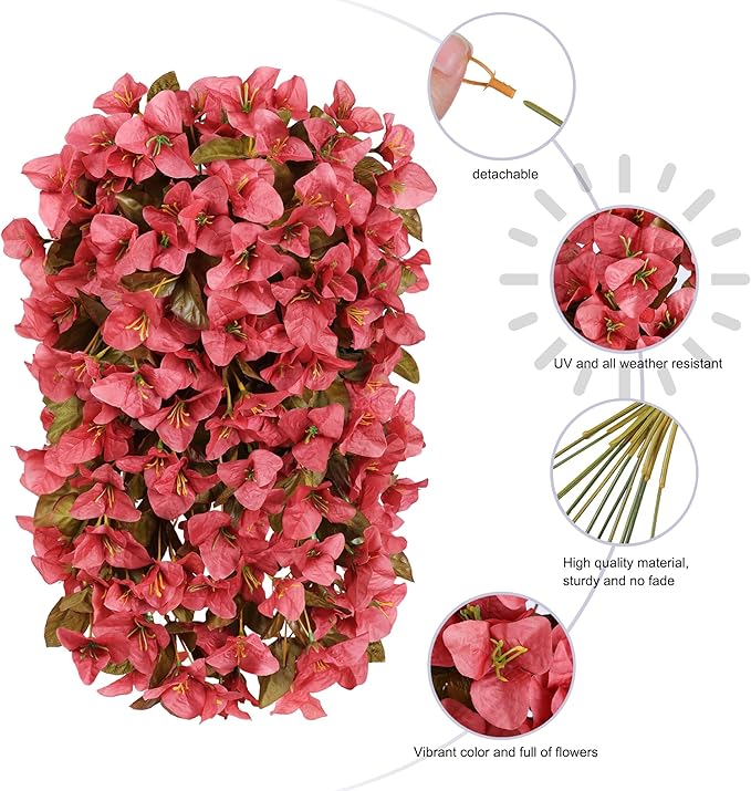 Bougainvillea Artificial Flowers Plants for Outdoors Outside Fall Autumn Decoration, 2 pcs Faux Silk Long Trailing Vines UV Resistant Look Real Red Fake Flowers for Front Door Porch Planter Urn Patio