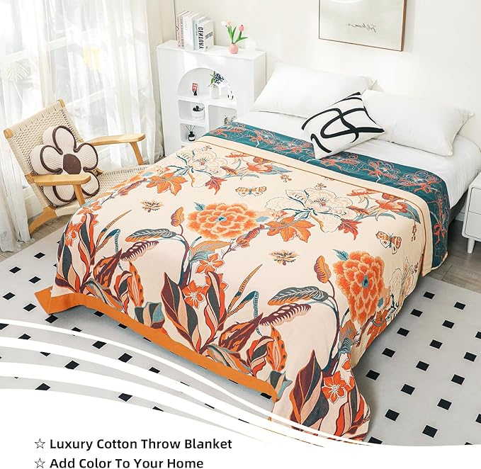 Boho Throw Blanket, 100% Organic Cotton Breathable Soft Lightweight All Season Rustic Bed Throw - Floral Bird Farmhouse Decor Blanket for Sofa Couch Chair Quilt and Gift. 60" x 80"