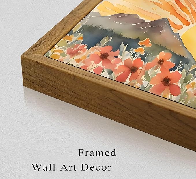 Framed Boho Sun Canvas Wall art Mid-Century Modern Abstract Bohemian Sunset in The Mountains Watercolor Wildflowers Sunrise Landscape Picture Wall Decor Poster Print Artwork for Living Room