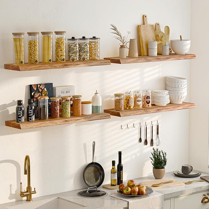 Floating Shelves for Wall, 72" Live Edge Solid Elm Wood Floating Shelf, Wall-Mounted Display Shelves with Invisible Heavy-Duty Metal Bracket, Floating Shelf for Living Room Kitchen, Natural