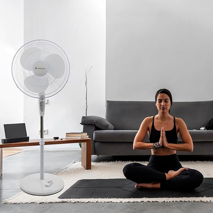 Comfort Zone 18-Inch Oscillating Pedestal Fan with Remote Control, 3-Speed Standing Fan with Adjustable Height (45–52”), Tilt, 4-Hour Timer & Auto Shutoff – Quiet Bedroom Fan, White