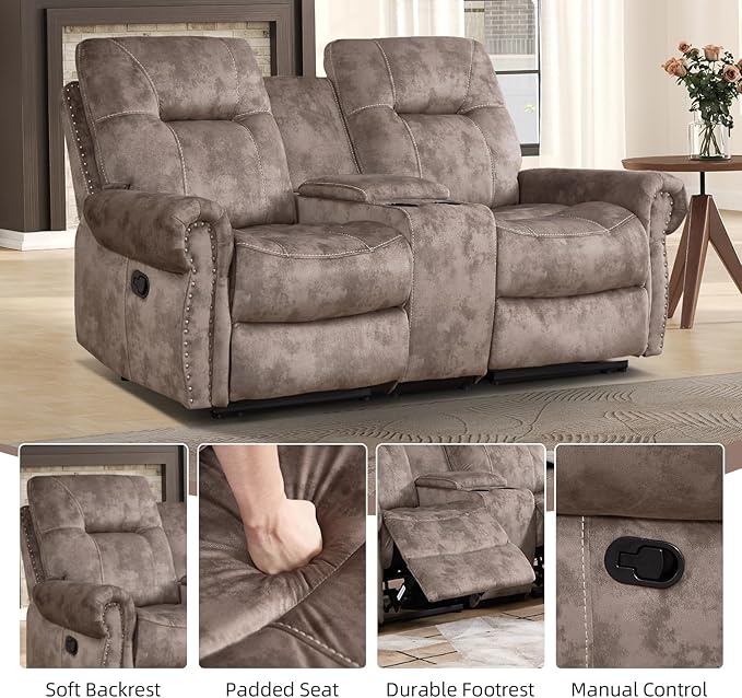 EBELLO 2 Pieces Reclining Couch Furniture Set for Living Room, 1 Seat Power Recliner Chair and a Manual Loveseat with Center Console, Hidden Storage and Cup Holders, Brown