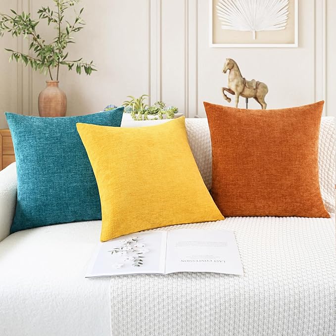 CaliTime Throw Pillow Covers Decorative 26 X 26 Inches Pack of 2 Cozy Chenille Cushion Cases for Couch Sofa Bed Living Room Home Mustard Yellow