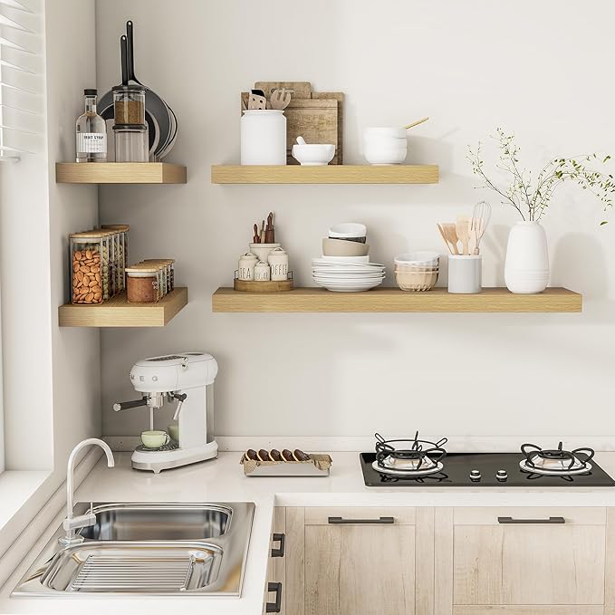 12 Inch Deep Floating Shelves 36 inch Long, 36 x 12 Wide Wall Shelves with Invisible Brackets, Heavy Duty Shelf for Bedroom Bathroom Living Room Kitchen Office Home Decor, Modern Shelf Set of 2, Oak