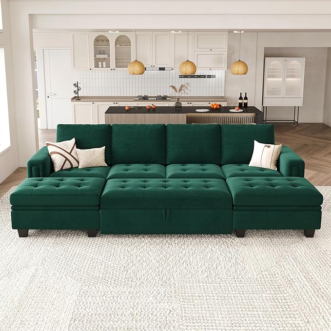Belffin Modular Sectional Sleeper Sofa with Pull Out Bed Velvet Convertible U Shaped Sectional Sofa Couch with Storage Chaises for Living Room Green