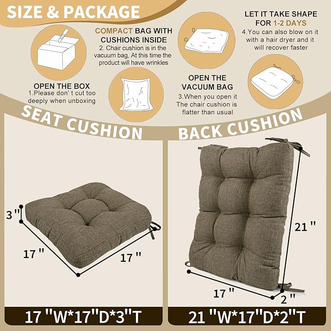 BUYUE Chair Cushion Set for Rocking Chair, Back Pillow & Seat Cushion with Ties, Original Woven Fabric Non-Slip Chair Pads for Elderly Sitting, Brown