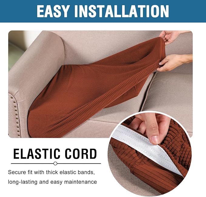 H.VERSAILTEX Super Stretch Individual Seat Cushion Covers - Sofa & Couch Cushion Slipcover Sets - Thick Jacquard Textured Twill Fabric (3 Piece, Rust)