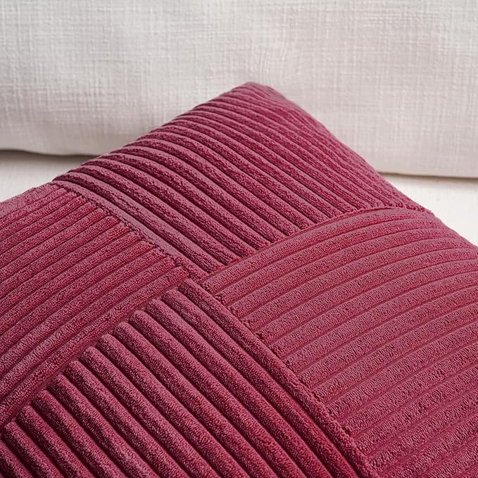 Fancy Homi 2 Packs Burgundy Euro Decorative Throw Pillow Covers 28x28 Inch for Bed, Rustic Farmhouse Boho Home Decor, Soft Corss Corduroy Patchwork Textured Square Cushion Case 71x71 cm